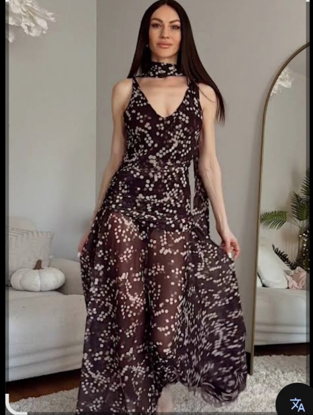 Zara Black Sheer Maxi Dress with White Dot Print and Choker